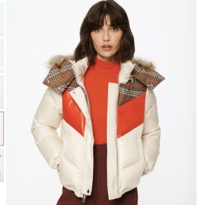 Nadir Faux Fur Trim Mix Media Puffer MARC puffer coat M cream white red plaid